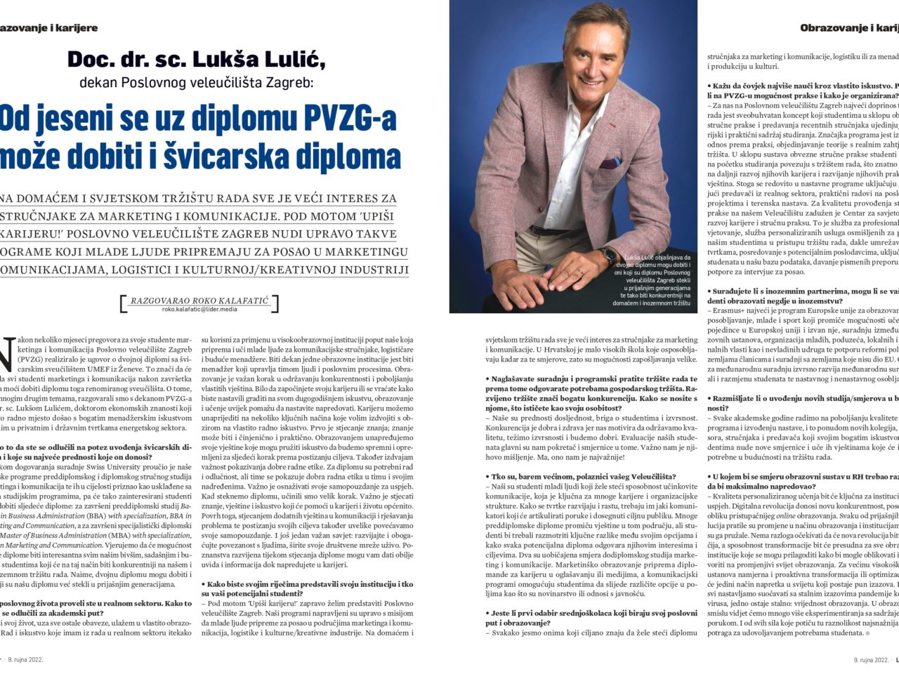 Dekan doc. dr. sc. Lukša Lulić u novom Lideru