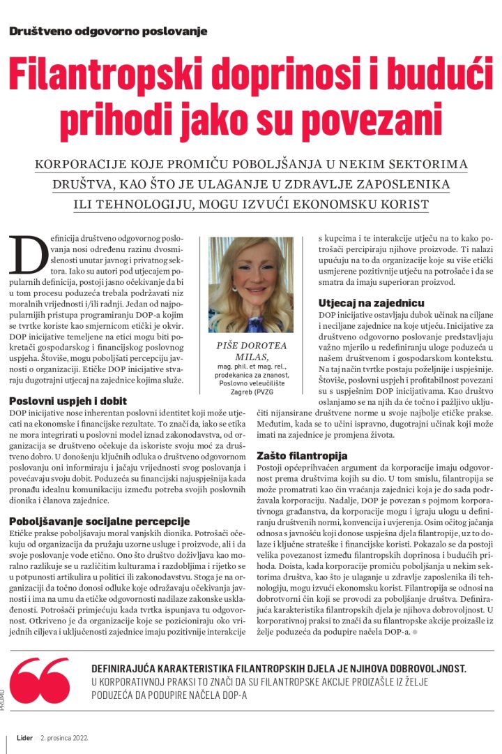 DOROTEA MILAS U NOVOM LIDERU PIŠE O DRUŠTVENO ODGOVORNOM POSLOVANJU I FILANTROPIJI